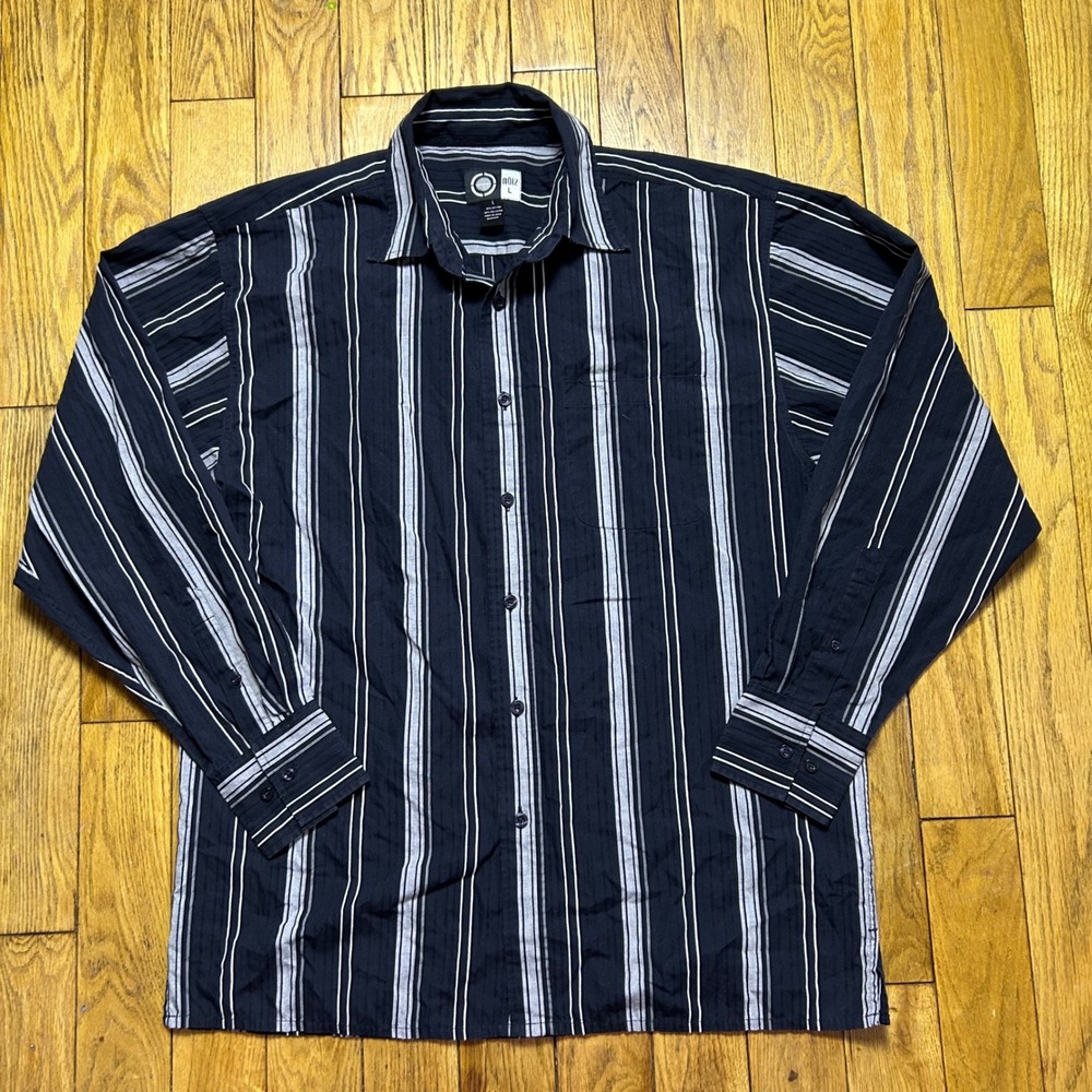 Noiz Mens Large Navy Blue Striped Long Sleeve Button Down‎ Shirt Textured Cotton